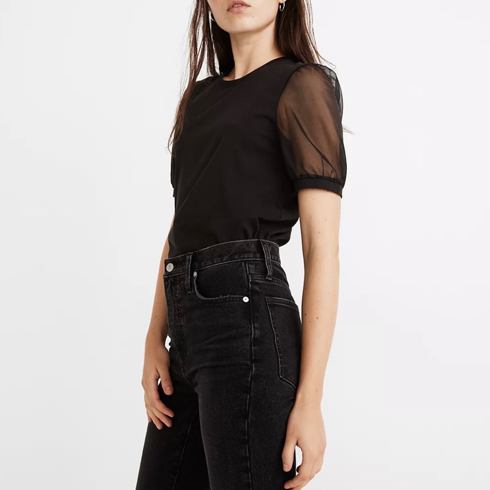 Madewell Black Top with Sheer Sleeves